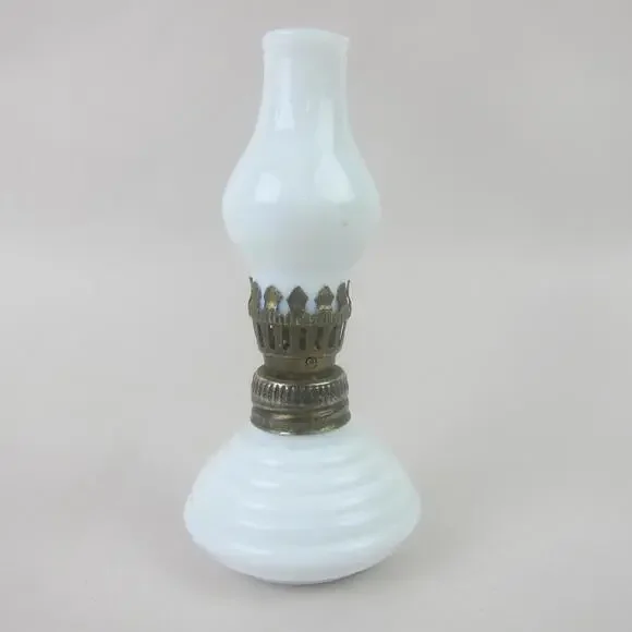 Antique Miniature Oil Lamp White Milk Glass Chimney & Beehive Base 4.5 Tall